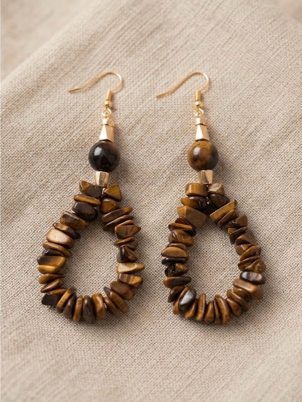 Gold-Tone Tiger Eye Teardrop Bead Earrings